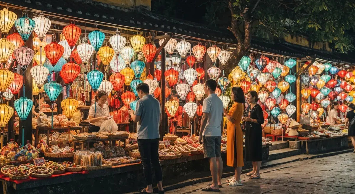 Colorful lantern stalls at An Hoi islet night market in Hoi An, vendors and tourists bargaining