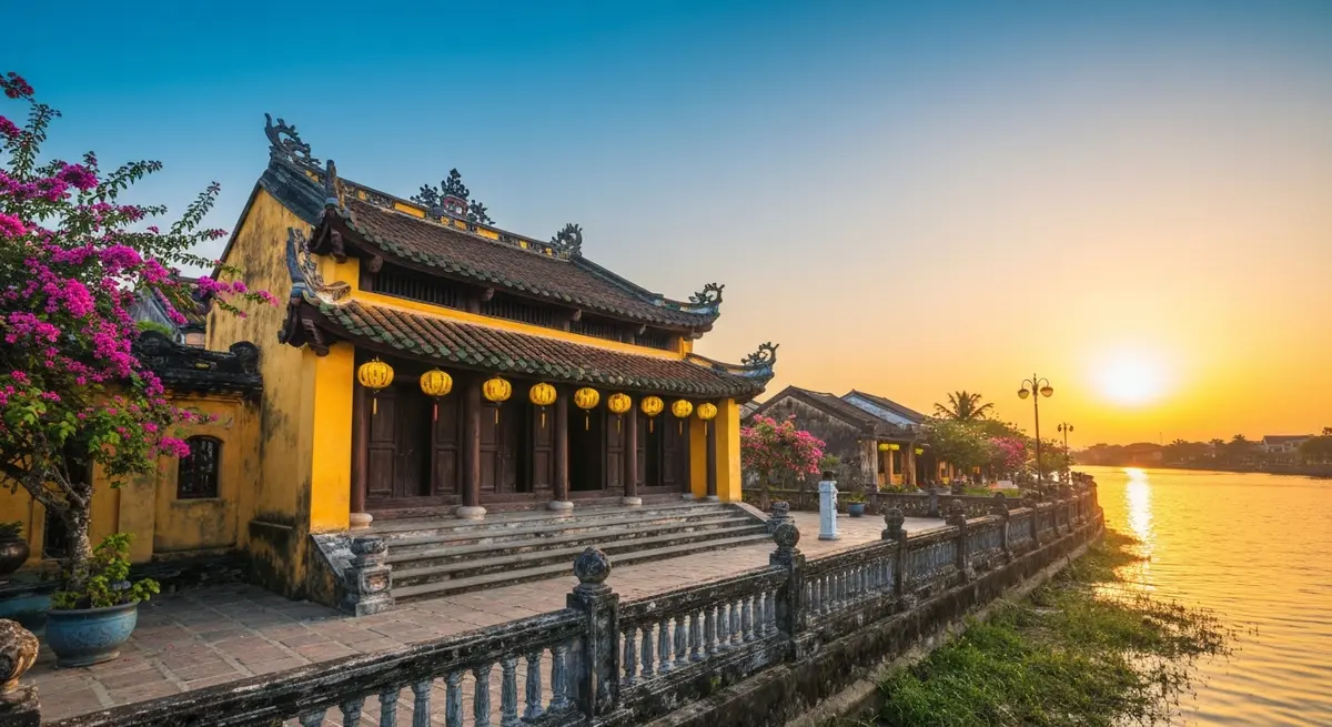Panoramic view of Hoi An's Japanese Covered Bridge in the early morning, with golden lanterns reflecting on the water, featuring characteristic Japanese-Vietnamese curved tiled roofs