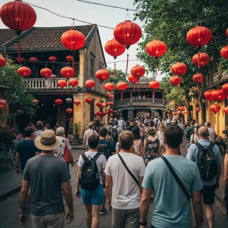 A corner of Hoi An Ancient Town with moss-covered tiled roofs, red lanterns hanging along the street, and tourists walking towards the Japanese Covered Bridge