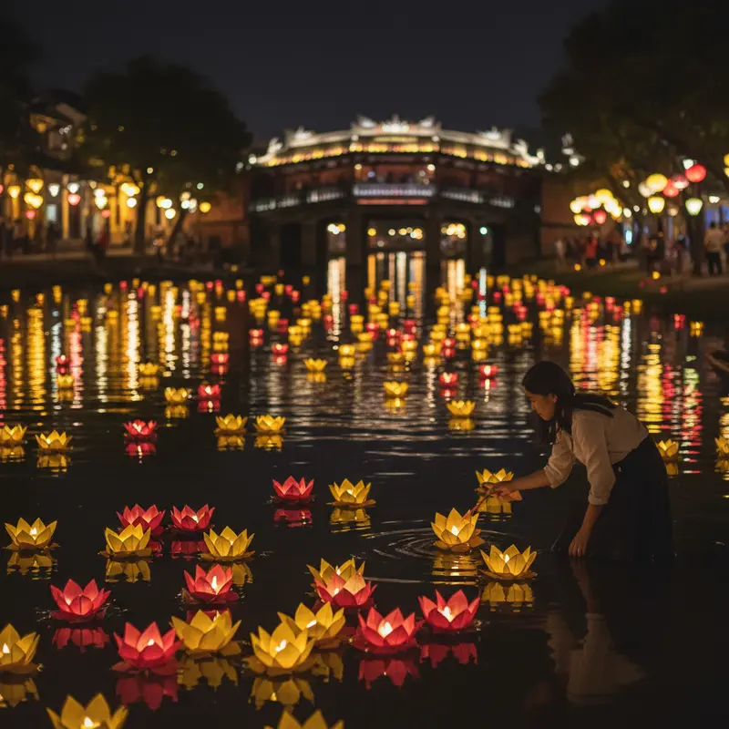 Tourists releasing lanterns on the Hoai River in Hoi An at night, with yellow and red lantern lights reflecting on the water, and the Japanese Covered Bridge faintly visible in the background