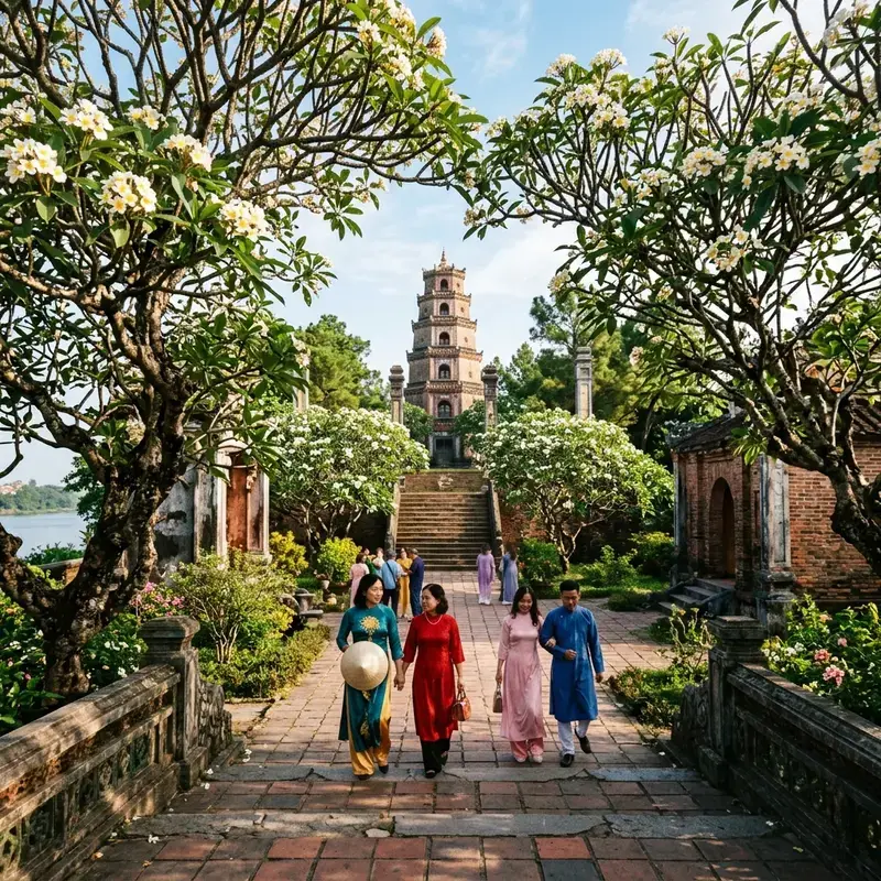 Lối đi vào chùa Thiên Mụ với hai hàng cây sứ cổ thụ nở hoa trắng xóa, ánh nắng ban mai chiếu qua tán lá tạo hiệu ứng ánh sáng lung linh, du khách mặc áo dài đang dạo bước