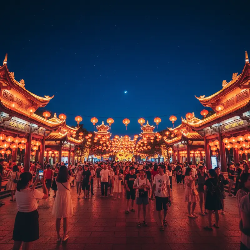 The China Zone in Asia Park Da Nang at night with vibrant red lanterns, traditional curved roof architecture, and tourists strolling and taking photos
