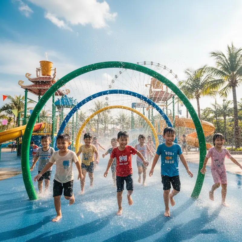Children playing at the outdoor water play area of Asia Park Da Nang, laughing happily under the spraying water on a summer day