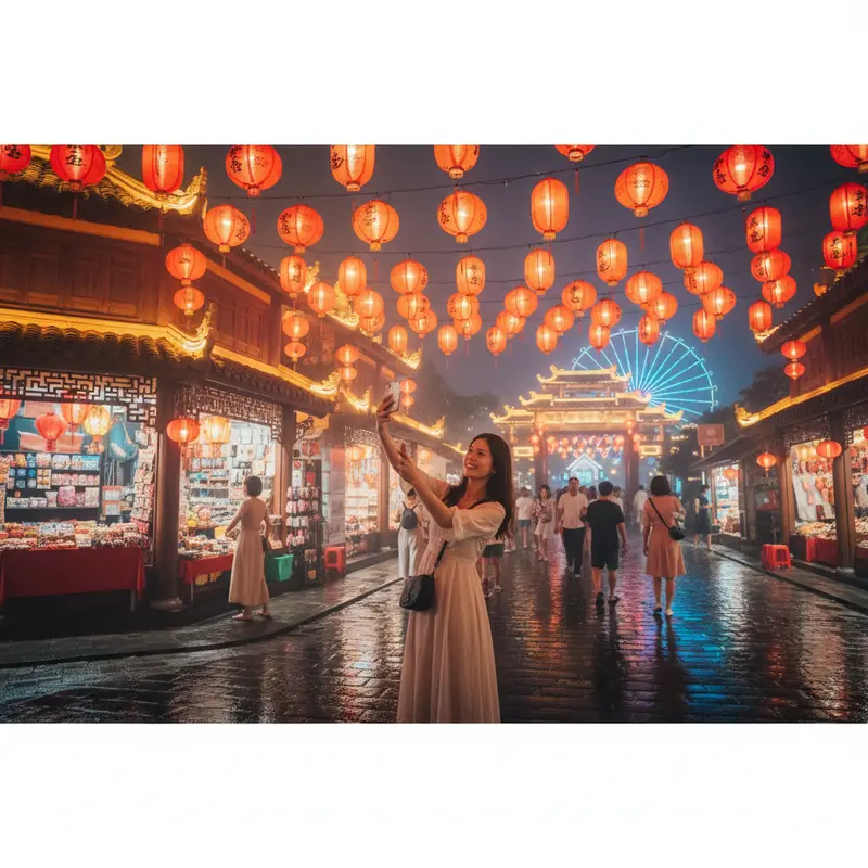 Tourists taking check-in photos at the red lantern street corner in the Chinese area of Asia Park Da Nang, a shimmering space with night lights
