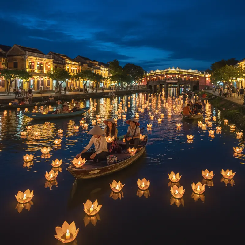 A scene of releasing flower lanterns on the Hoai River in Hoi An at night, with shimmering candlelight reflecting on the water, and a small wooden boat with tourists releasing lotus-shaped paper lanterns.