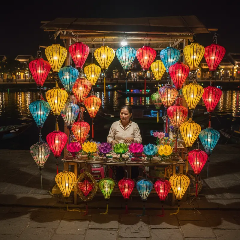 Local woman selling colorful paper lanterns on the Hoai River bank in Hoi An, with orange-yellow lantern light illuminating the small stall in the evening