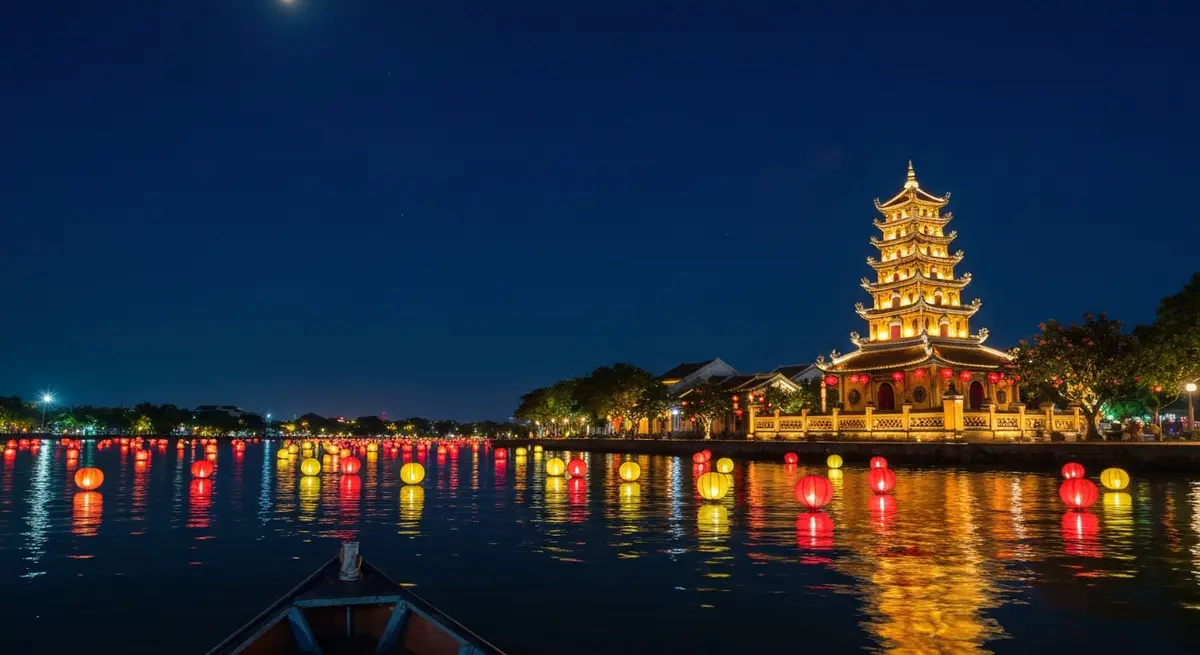 View from the boat looking towards the Japanese Covered Bridge Lai Vien Kieu Hoi An at night, bright red and yellow lanterns, flower lanterns floating on the Hoai River shimmering