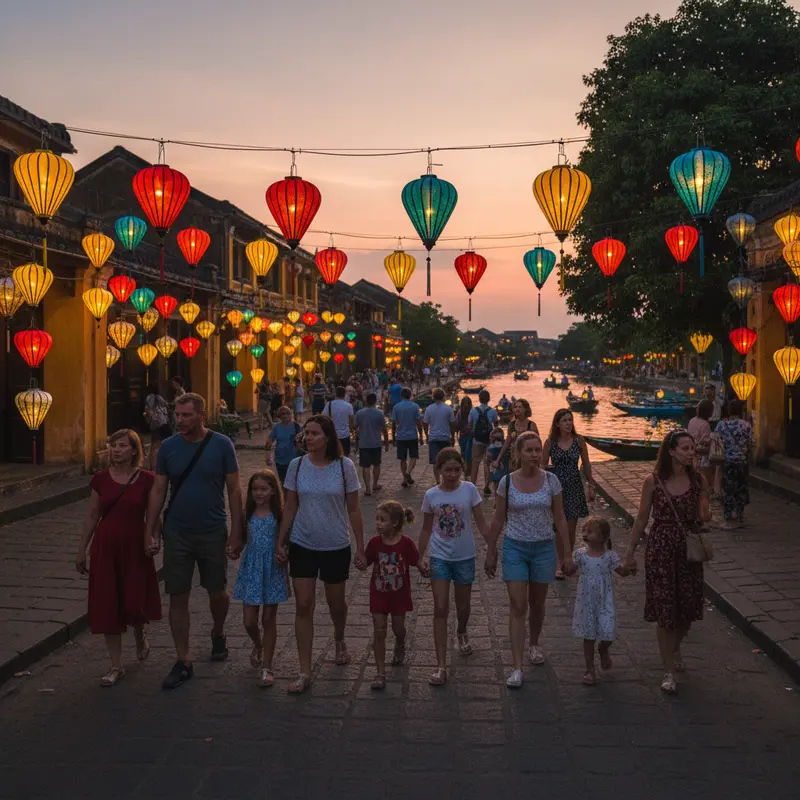 Hoi An Ancient Town scene at sunset, colorful lanterns begin to light up, tourists stroll along the vibrant Tran Phu street