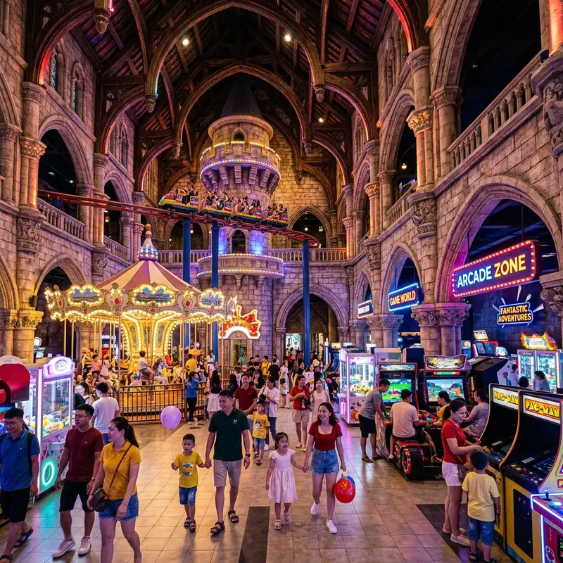 Khong gian Fantasy Park Ba Na Hills voi tro choi arcade hien dai, den LED ruc ro sac mau