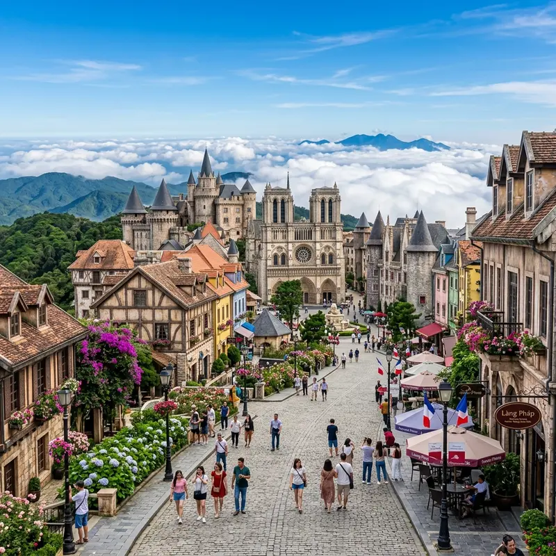 Làng Pháp Bà Nà Hills với kiến trúc lâu đài châu Âu cổ điển, tháp chuông Gothic và đường phố lát đá