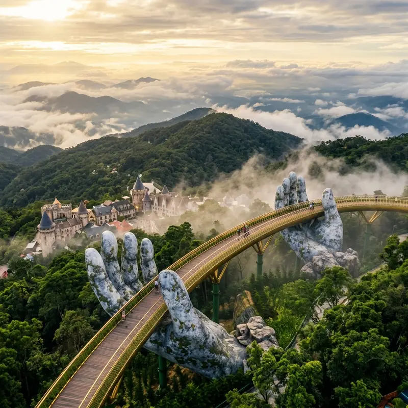 Toàn cảnh Bà Nà Hills từ trên cao — Làng Pháp, Fantasy Park và biển mây trắng bao phủ