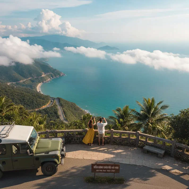 Tour car parked at a rest stop on Hai Van Pass, tourists standing to take photos with the blue sea and white clouds in the background, view from the highest observation point on the pass
