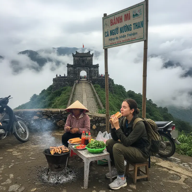 Tourists eating charcoal-grilled tuna banh mi at a small eatery on Hai Van Pass summit, with Hai Van Quan gate and misty mountains in the background