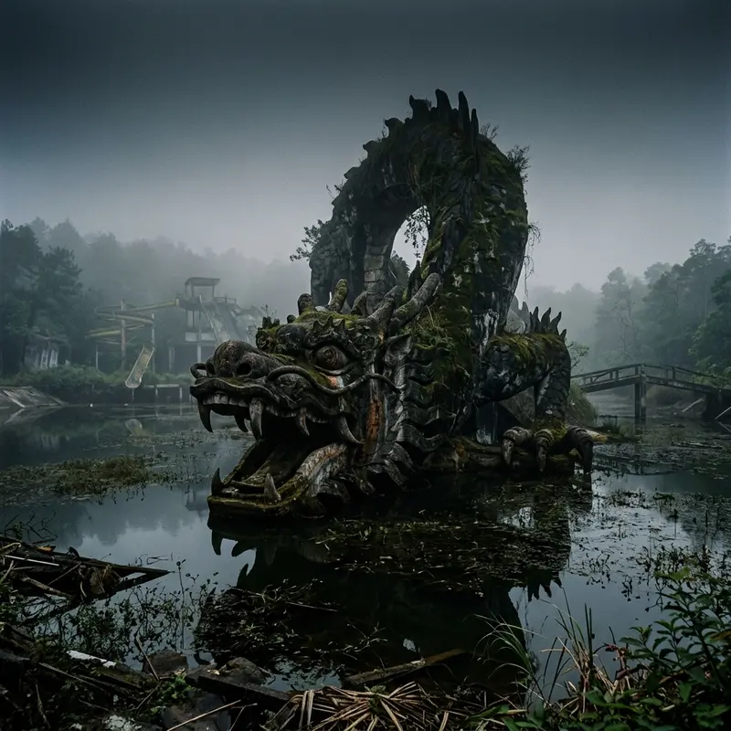Giant moss-covered concrete dragon extending over the lake at the abandoned Hồ Thủy Tiên water park in Hue, shot in the early morning light with mist covering the lake