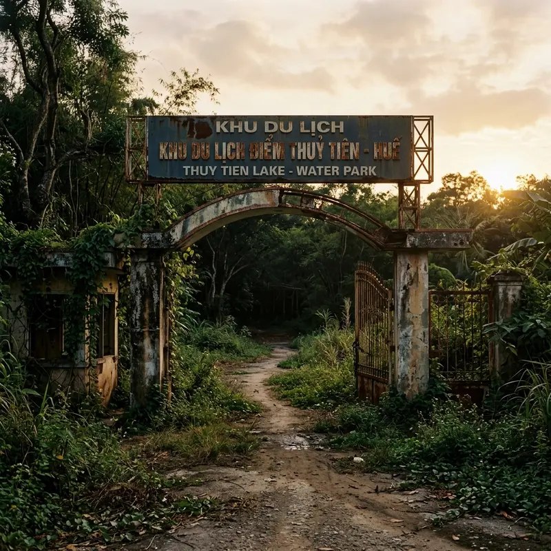 The entrance to the abandoned Hydrangea Lake water park in Hue with a faded old sign, the path is overgrown with weeds, and the twilight creates a mysterious atmosphere
