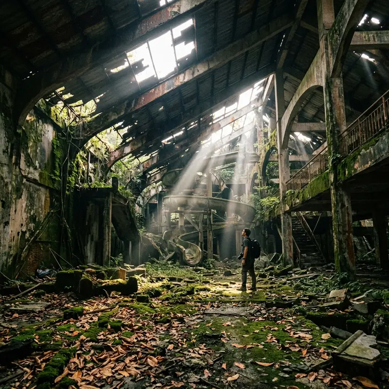 Inside the abandoned crocodile-shaped building at Hue Thuy Tien Lake with god rays shining through the collapsed roof, the floor covered in dry leaves and green moss, a mystical atmosphere