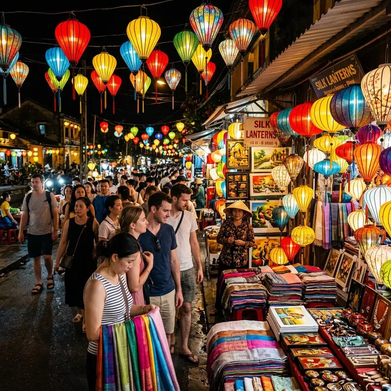 Chợ đêm Hội An lung linh đèn lồng trên đường Nguyễn Hoàng với các gian hàng ẩm thực