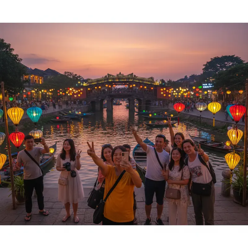 Sunset at Hoi An's Japanese Covered Bridge with lanterns just lit, reflecting on the Hoai River, tourists taking check-in photos at the most famous attraction of Hoi An's night