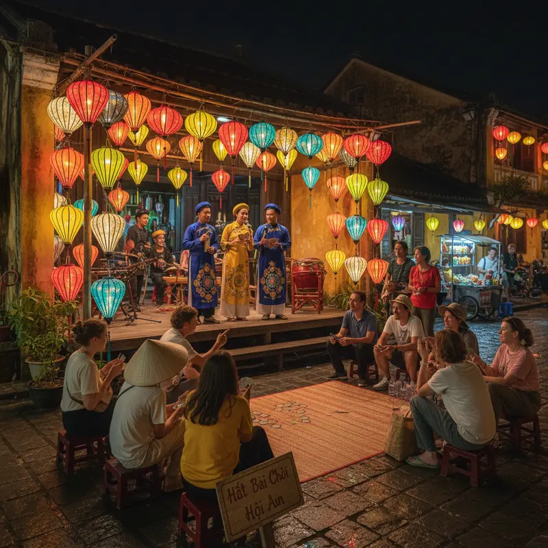 Traditional Hat Bai Choi performance in Hoi An ancient town at night, performers in traditional costumes under lantern light, tourists watching and participating in folk games