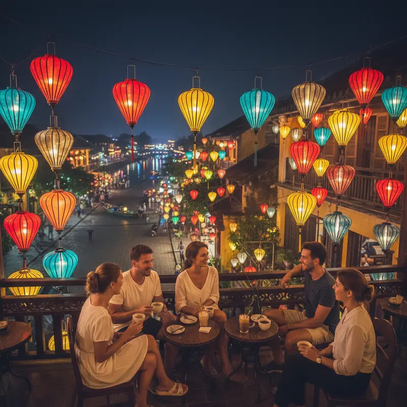 A coffee shop with a view of Hoi An Ancient Town at night, with vibrant lanterns, customers enjoying coffee and the scenery, creating a romantic and relaxing atmosphere of Hoi An nights