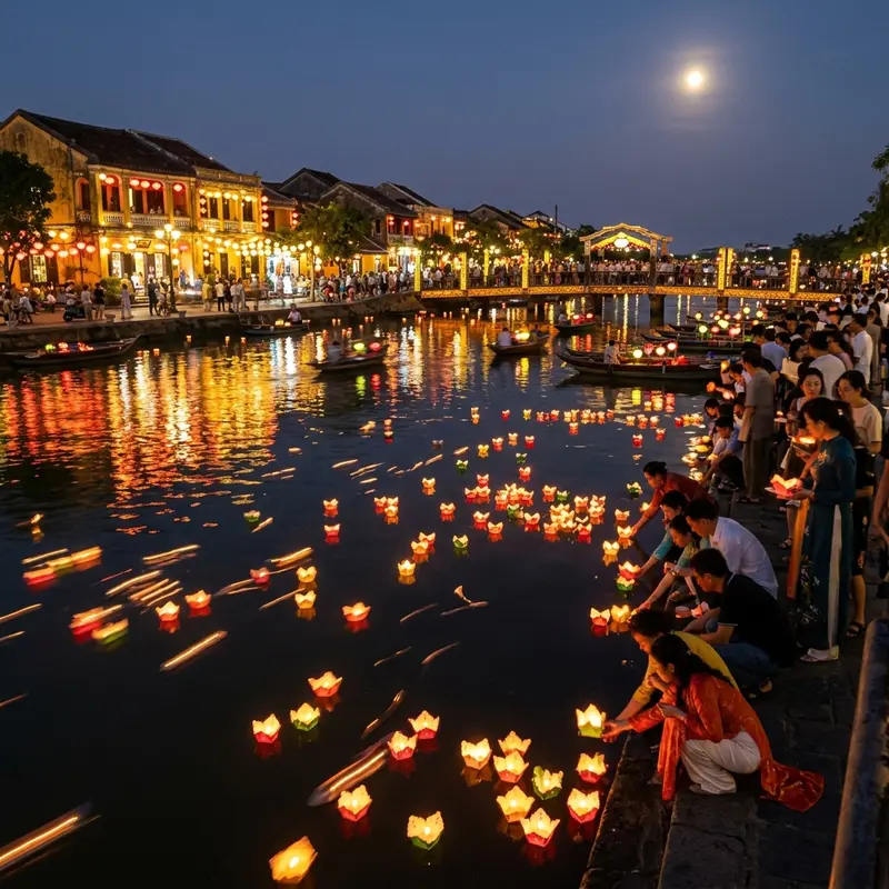 Hoa đăng thả trên sông Hoài đêm Hội An, ánh nến vàng lung linh phản chiếu trên mặt nước, cặp đôi du khách đứng bên bờ sông nhìn hoa đăng trôi trong đêm huyền ảo