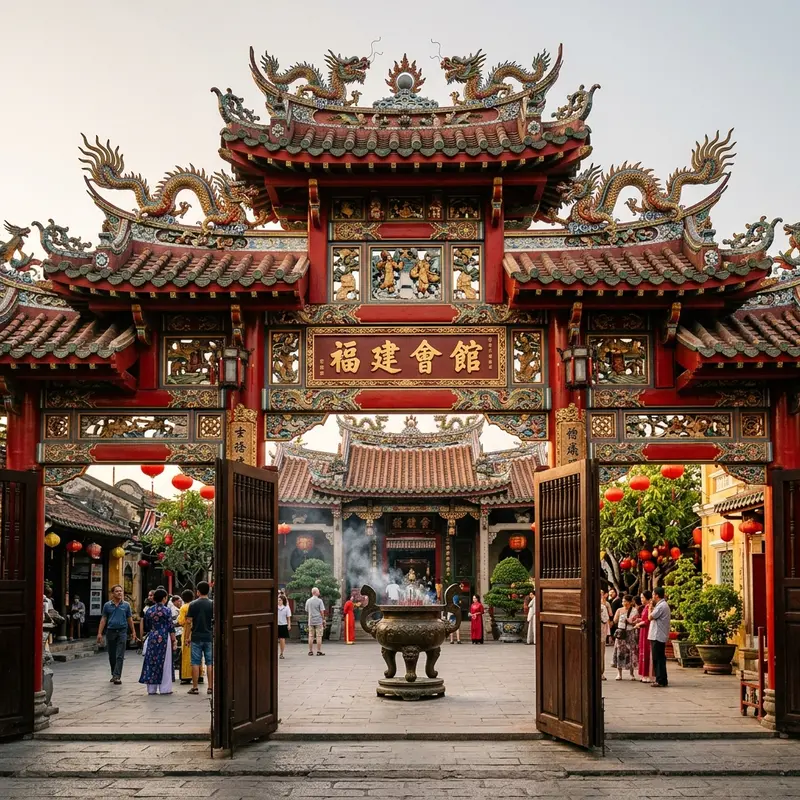 Cổng Hội Quán Phúc Kiến Hội An với kiến trúc chạm khắc rồng tinh xảo, sơn son thếp vàng và khói hương nghi ngút