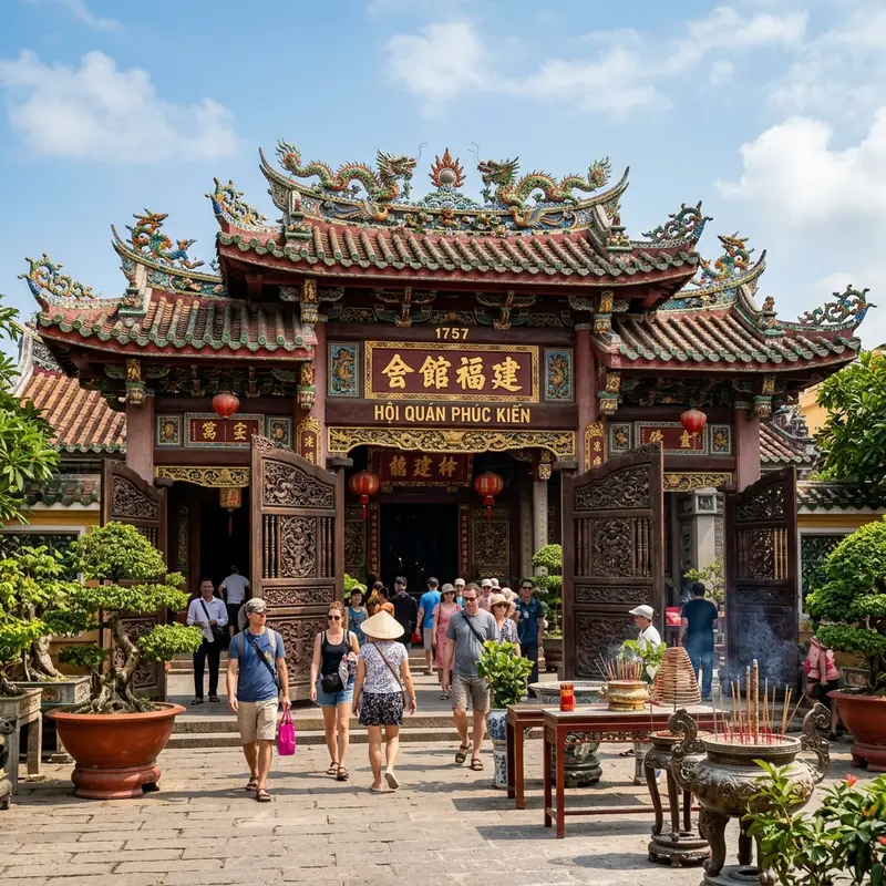 Hội Quán Phúc Kiến Hội An về đêm với kiến trúc cổ kính độc đáo, cột gỗ đỏ son, đèn lồng rực rỡ, sân trời trống dưới ánh đèn vàng huyền ảo của phố cổ 300 tuổi