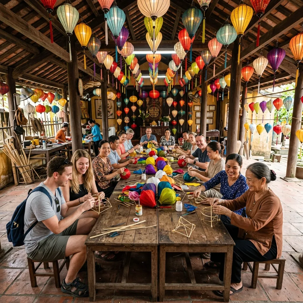 Traditional Hoi An lantern atelier displaying hundreds of multicolored silk lanterns