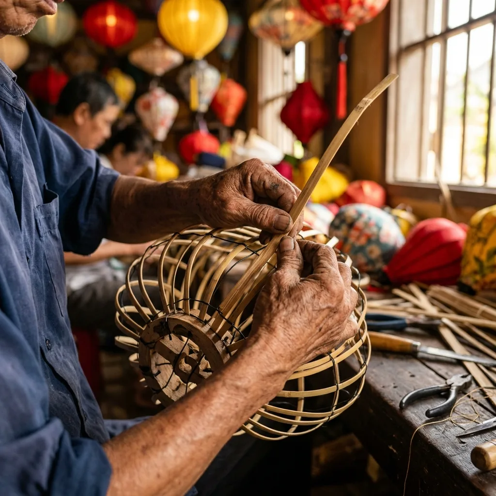 Artisan shaping 12 cured bamboo ribs into structural lantern skeleton
