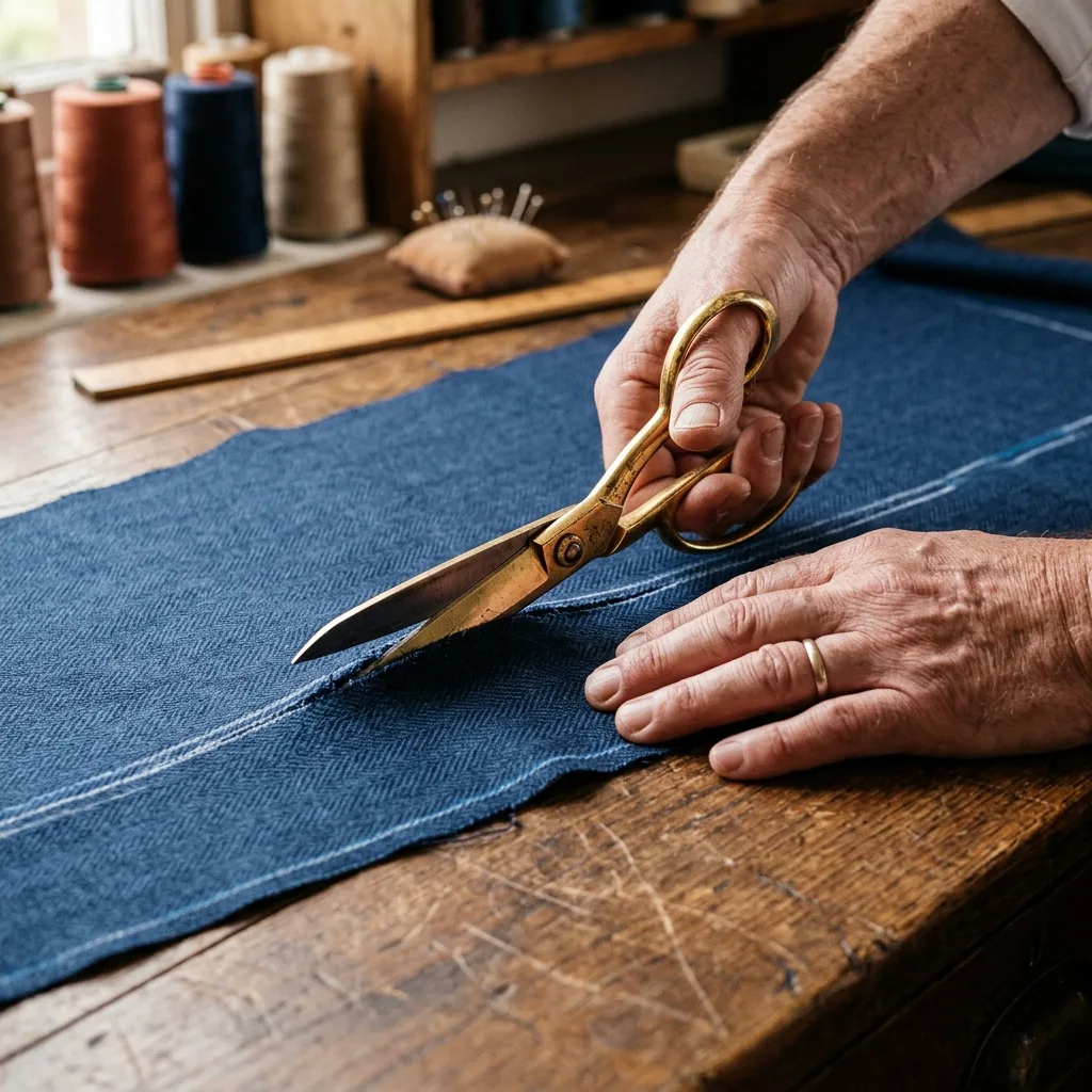 Artisan cutting tailored patterns using custom garment templates
