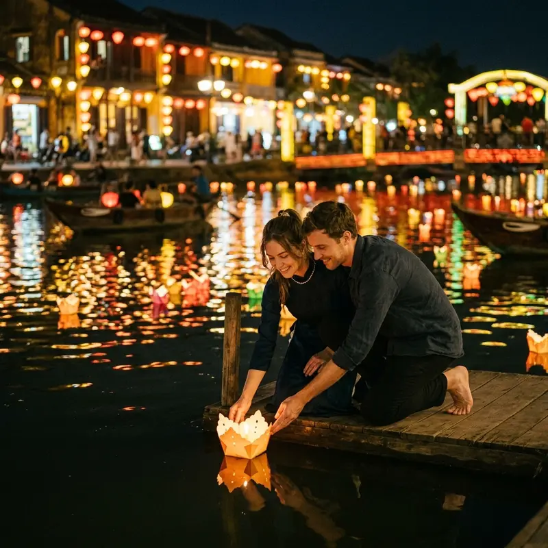 Thuyền đêm trên sông Thu Bồn Hội An, cặp đôi du khách thả hoa đăng từ trên thuyền, ánh đèn lồng phố cổ phản chiếu xuống mặt nước lung linh huyền ảo
