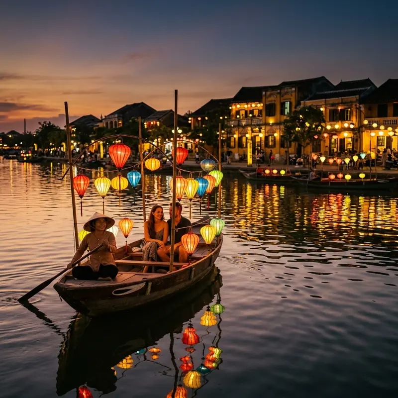 Thuyen truyen thong tren song Thu Bon hoang hon, den long treo lung linh tren thuyen go