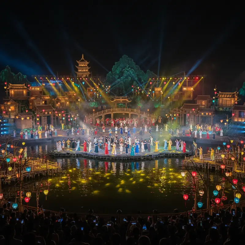 《会安记忆》夜间实景演艺秀，户外宽敞舞台，500名演员表演，灯光璀璨倒映在淘班河河面