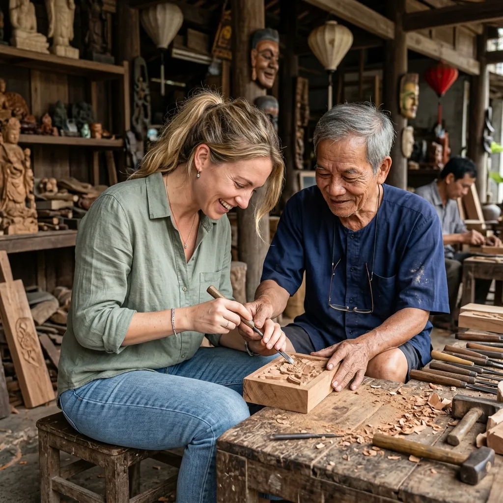 Du khách thực hành đục mộng và mài nhẵn sản phẩm tre tại xưởng thủ công