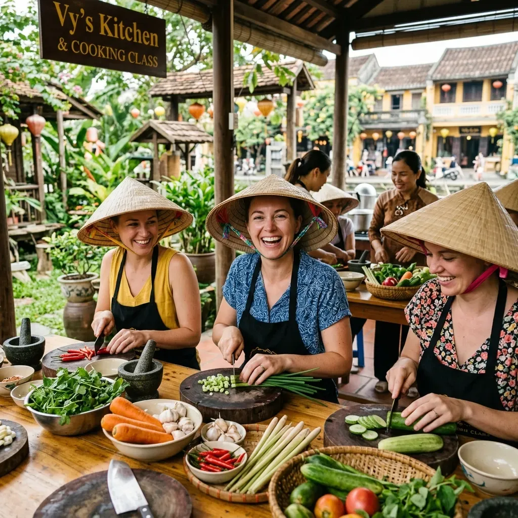 Học viên hào hứng đổ bánh xèo giòn rụm trong lớp học nấu ăn ẩm thực Hội An