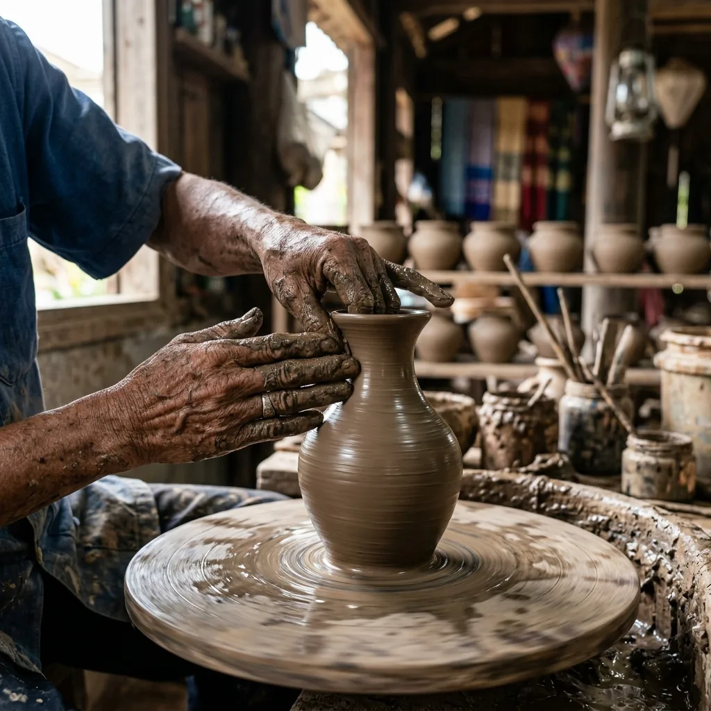 Trải nghiệm chuốt đất sét phù sa sông Thu Bồn trên bàn xoay tại làng gốm Thanh Hà
