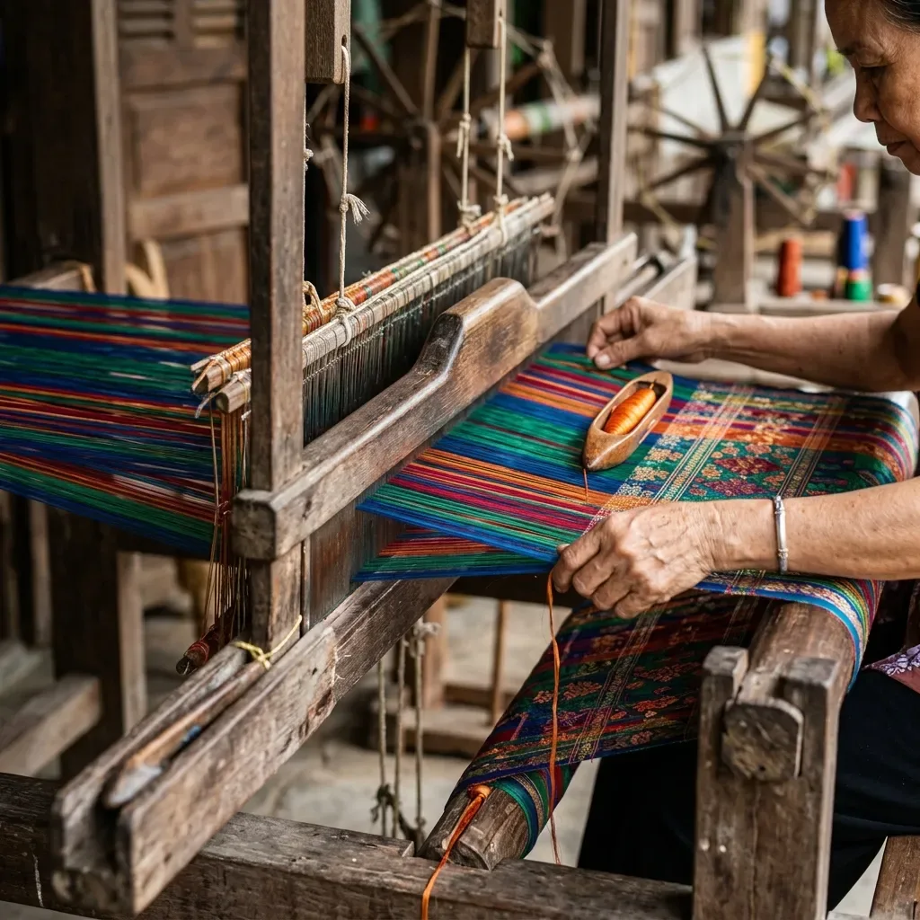 Nghệ nhân điều khiển thoi dệt lụa tơ tằm nguyên chất tại Làng Lụa Hội An
