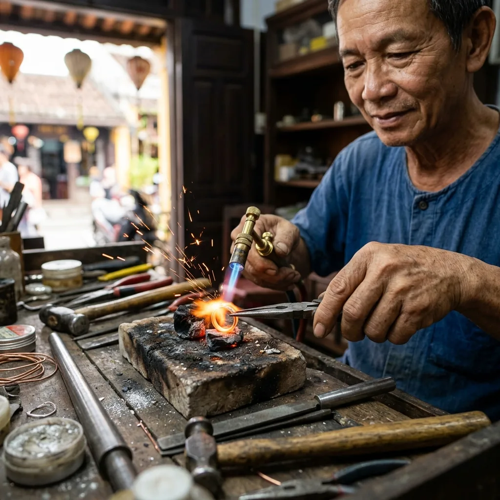 Khò lửa nung chảy bạc và uốn nhẫn bạc thủ công trong workshop kim hoàn