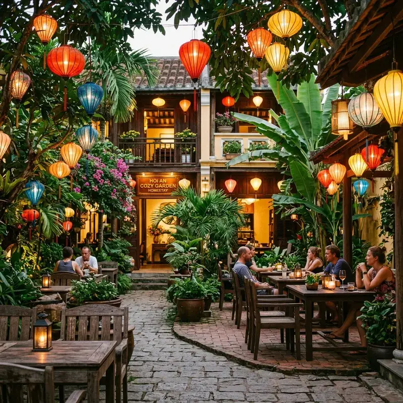 Lush, peaceful green space filled with trees in the garden of a luxury homestay near Hoi An ancient town