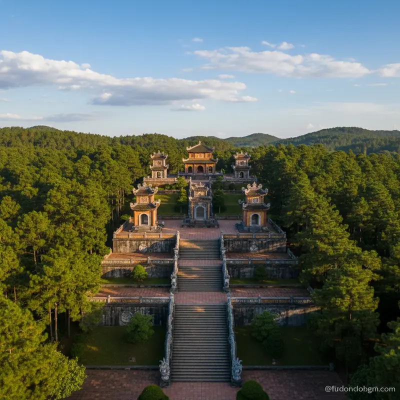 Panoramic view of Khai Dinh Mausoleum from afar with its unique East-West fusion architecture, steep stone steps leading to the main palace amidst lush green pine forests – top tourist destination in the ancient capital of Hue