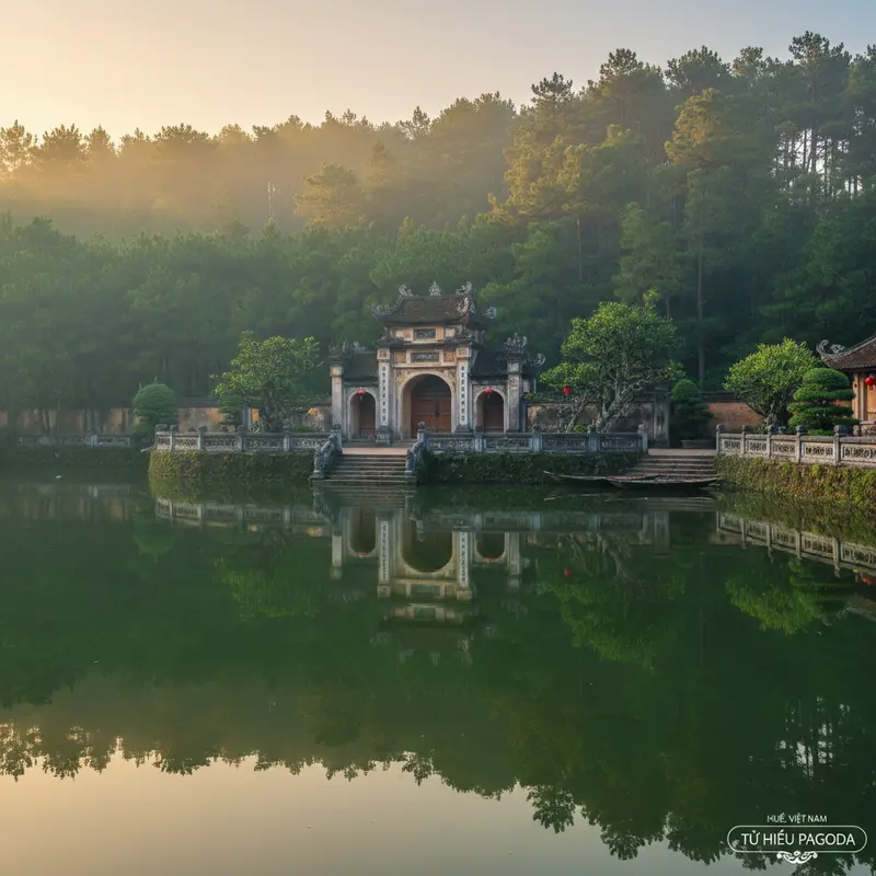 The crescent-shaped lake in front of Tu Hieu Pagoda in Hue reflects the lush green pine forest and ancient moss-covered tiled roofs in the misty morning – discover a unique spiritual destination in Hue