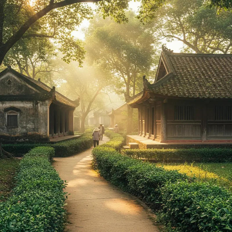 The ancient village road of Phuoc Tich Hue with lush green chè tàu hedges on both sides, ancient nhà rường houses with mossy tiled roofs, and morning sunlight filtering through the trees – discover a unique ancient village near Hue