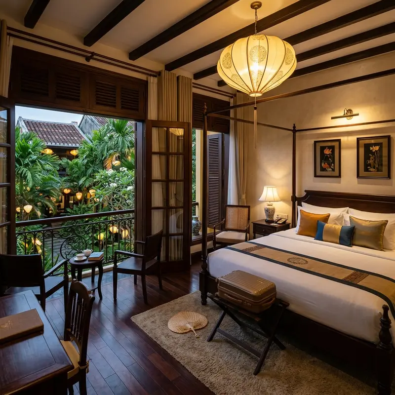 Phong khach san boutique Hoi An voi noi that phong cach Dong Duong, giuong lon va tam nhin ra pho co