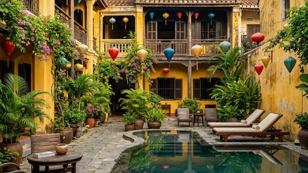 Sân vườn boutique hotel Hội An với tường vàng truyền thống, đèn lồng và cây xanh nhiệt đới gần phố cổ