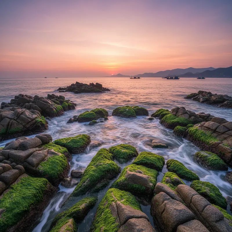 Panoramic view of Nam Ô rocky reef Da Nang with granite boulders covered in lush green moss under the dawn light, sea waves crashing against the rocky shore creating white foam, the sky blushing pink reflecting on the water surface