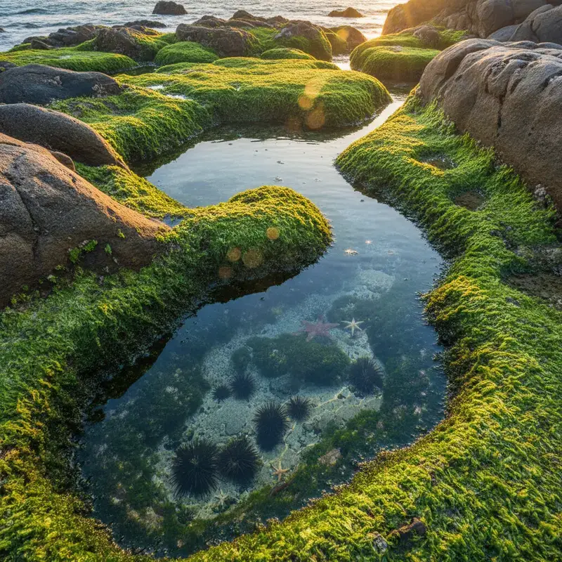 Close-up of the lush green moss carpet covering the granite rocks at Nam Ô reef, with natural rock pools filled with crystal-clear water containing sea urchins and small starfish, and the angled morning sunlight creating a shimmering effect.