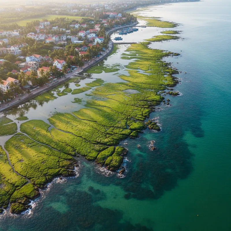 Aerial view of Nam Ô rocky beach in Da Nang, showing the entire expanse of moss-covered rocks along the coast, the fishing village with small houses behind, and the calm blue sea in the early morning