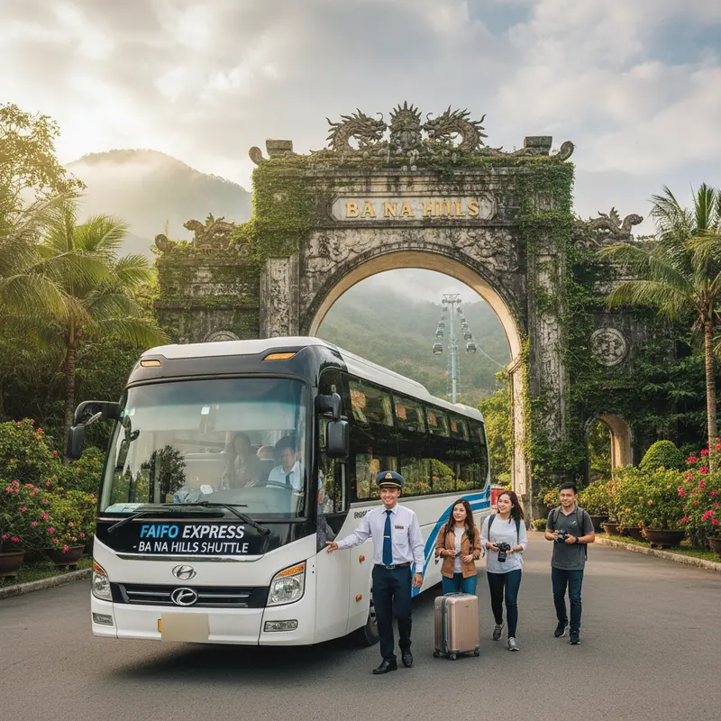 Xe đưa đón du lịch Faifo Express đậu trước cổng vào Bà Nà Hills, tài xế mặc đồng phục chuyên nghiệp đang hỗ trợ hành khách