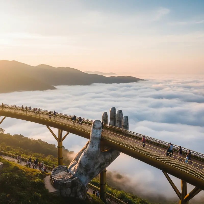 巴拿山黃金橋早晨,遊客稀少,白雲籠罩下方,金色陽光輕輕照在兩隻巨大的手上