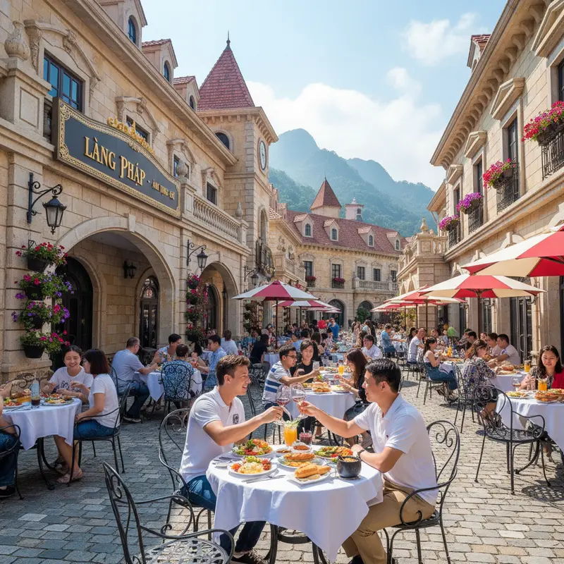 巴拿山法國村美食區,古典歐洲建築,遊客在戶外享用午餐